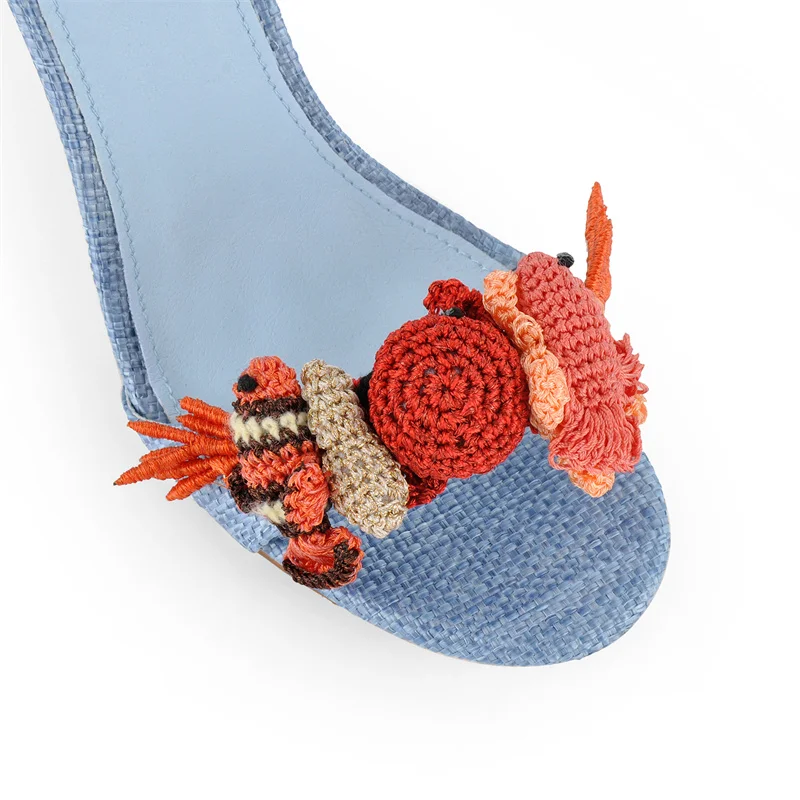 Onlymaker Women Open Round Toe Woven Embellished Ankle Strap Sandals Thin Heel Big Size Sandals