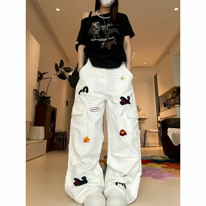 

American Retro Jeans Puppy Embroidered Pocket Work Jeans for Women Fashion Elastic Loose Wide-Leg Pants