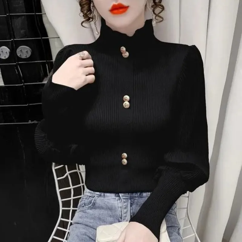 Women\'s Pullover Solid Long Sleeve Button Sweater Half High Collar 2023 Spring and Autumn Korean Puff Sleeve Ruffles Knit Tops