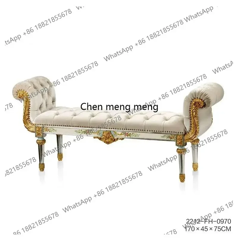 

French Romantic Solid Wood Carved Off-White Bedroom Bed End Stool Living Room Long Stool