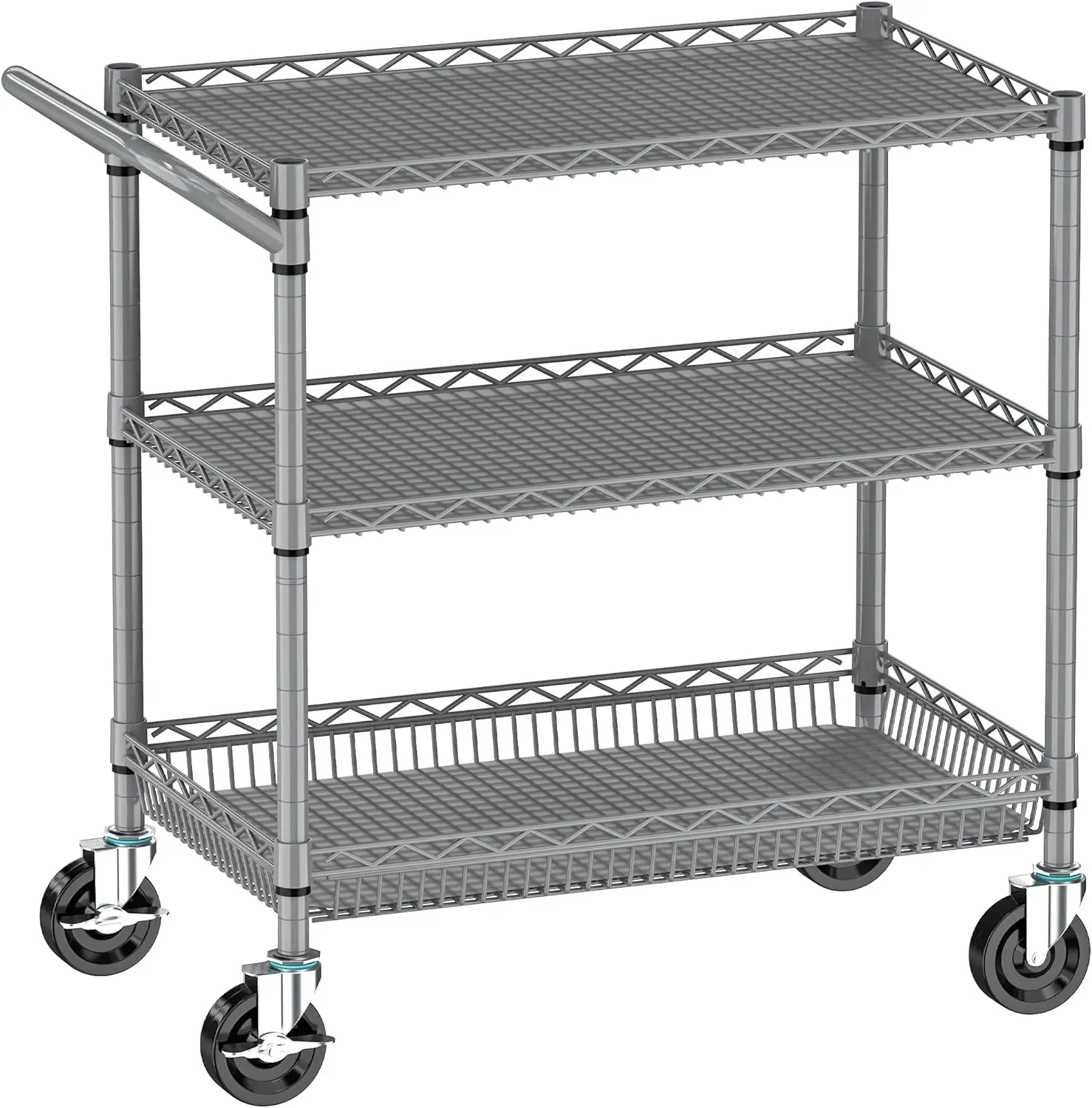 

3 Tier Metal Rolling Cart with Wheels, 990lbs Capacity, Multi-Purpose Wire Storage Trolley for Kitchen Garage Office