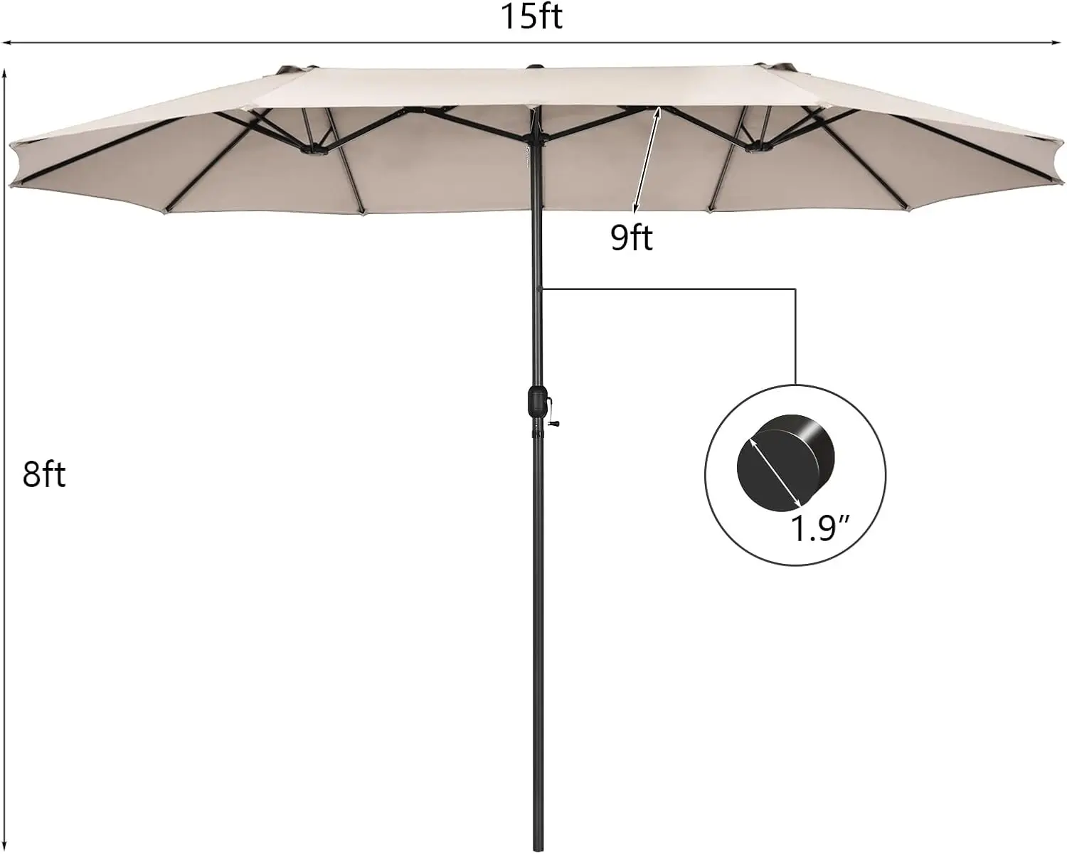 15Ft Double-Sided Patio Umbrella,Outdoor Extra Large Umbrella W/Hand-Crank System & Air Vents,W/ 12-Rib Sturdy Metal Frame Beige