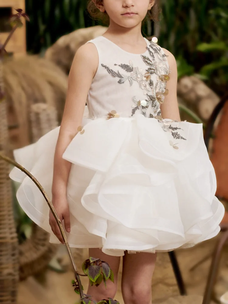 Custom JDY High Sleeveless Floral Embroidery Ruffle Organza Short Flower Girl Dress Wedding Party Gown Birthday Pageant Dress فس