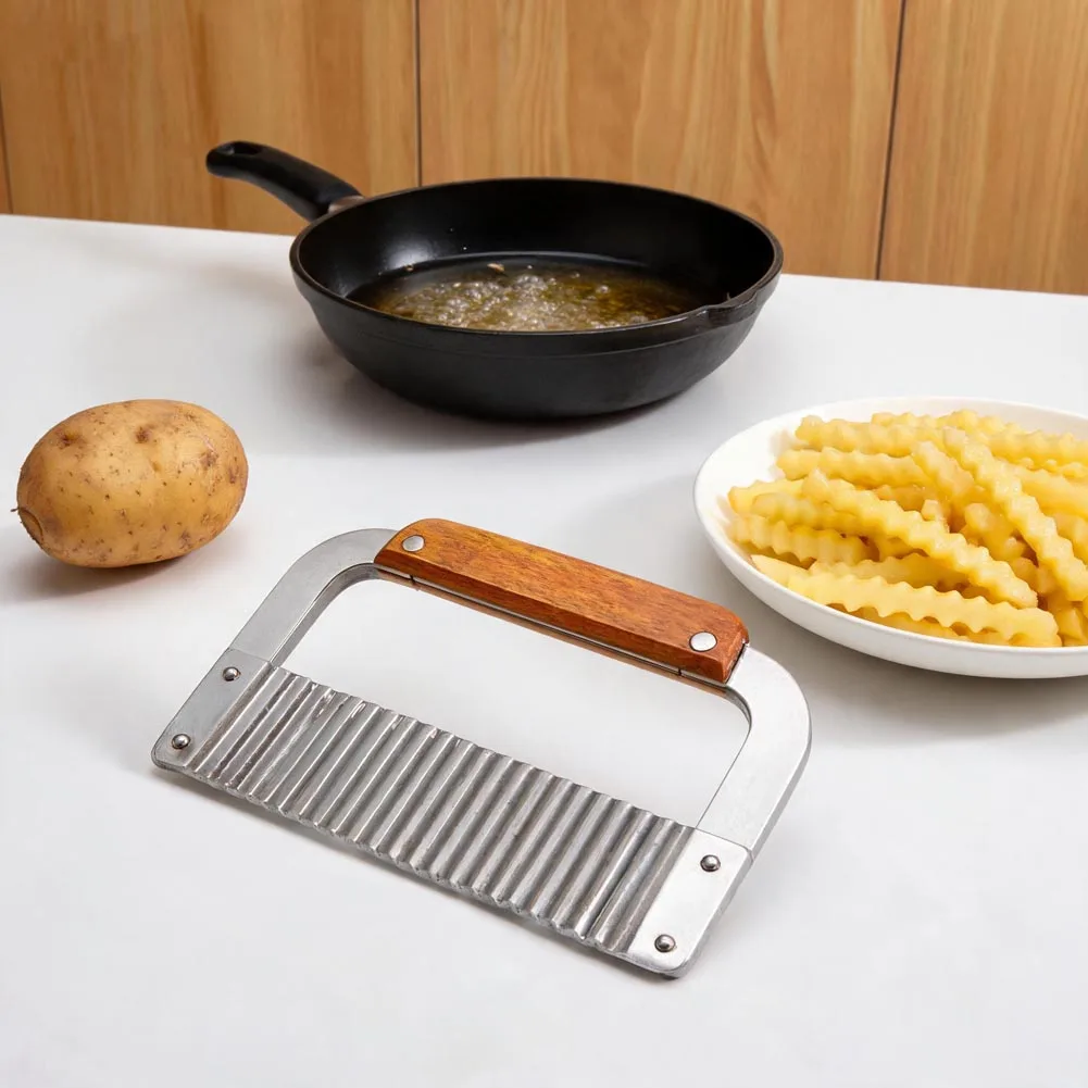 Wave Cut Potato Slicer Made of Stainless Steel and Fitted with Ergonomic Wooden Handle for Safe Food Preparation