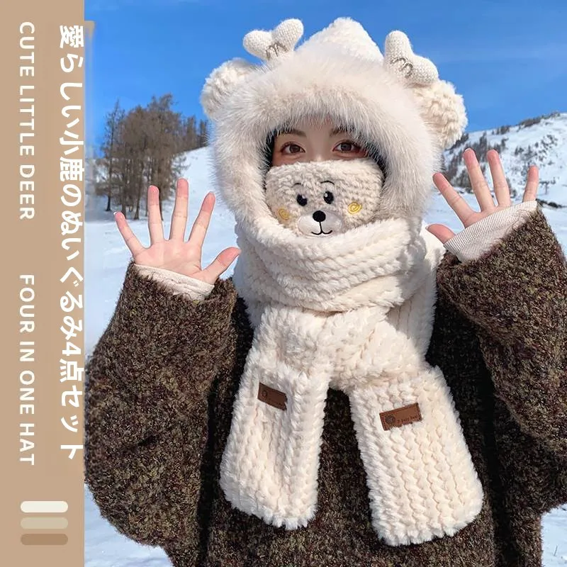 暖かいぬいぐるみ風帽子・マフラー・手袋セット-レディース-ワンピーススタイル-秋冬-おしゃれ-可愛い-3点セット