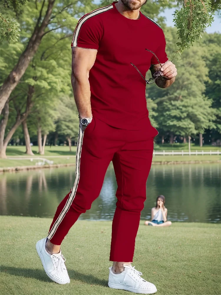 

2025 Autumn Thin, Simple Line Printed Casual Short-sleeved Top And Long Pants, Urban Street Trend Casual 2pcs Autumn Set