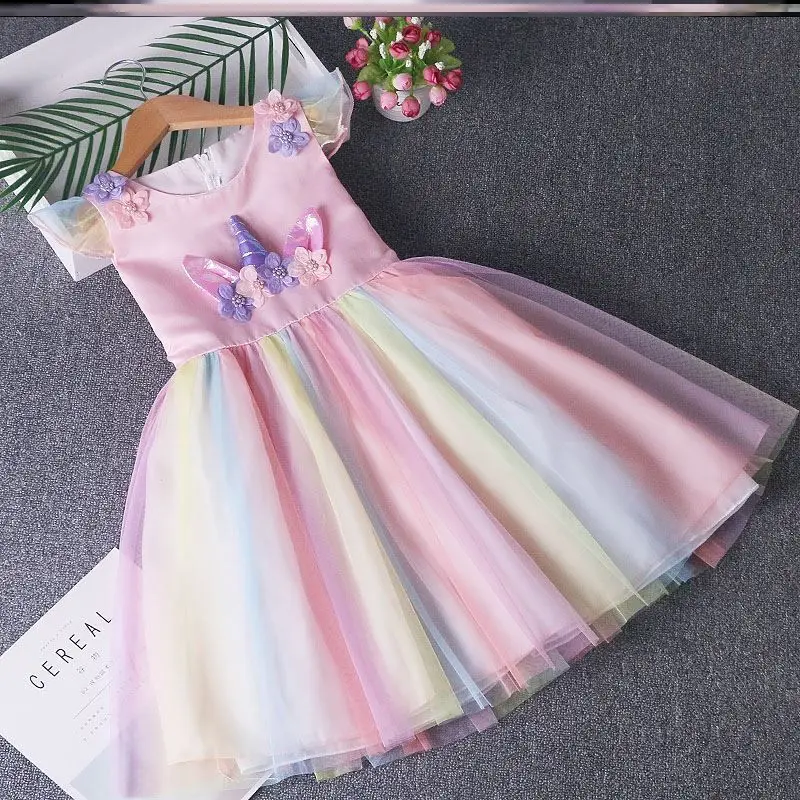 New Elsa Unicorn Dress for Girls Embroidery Ball Gown Baby Girl Princess Birthday Dresses for Party Costumes Children Clothing