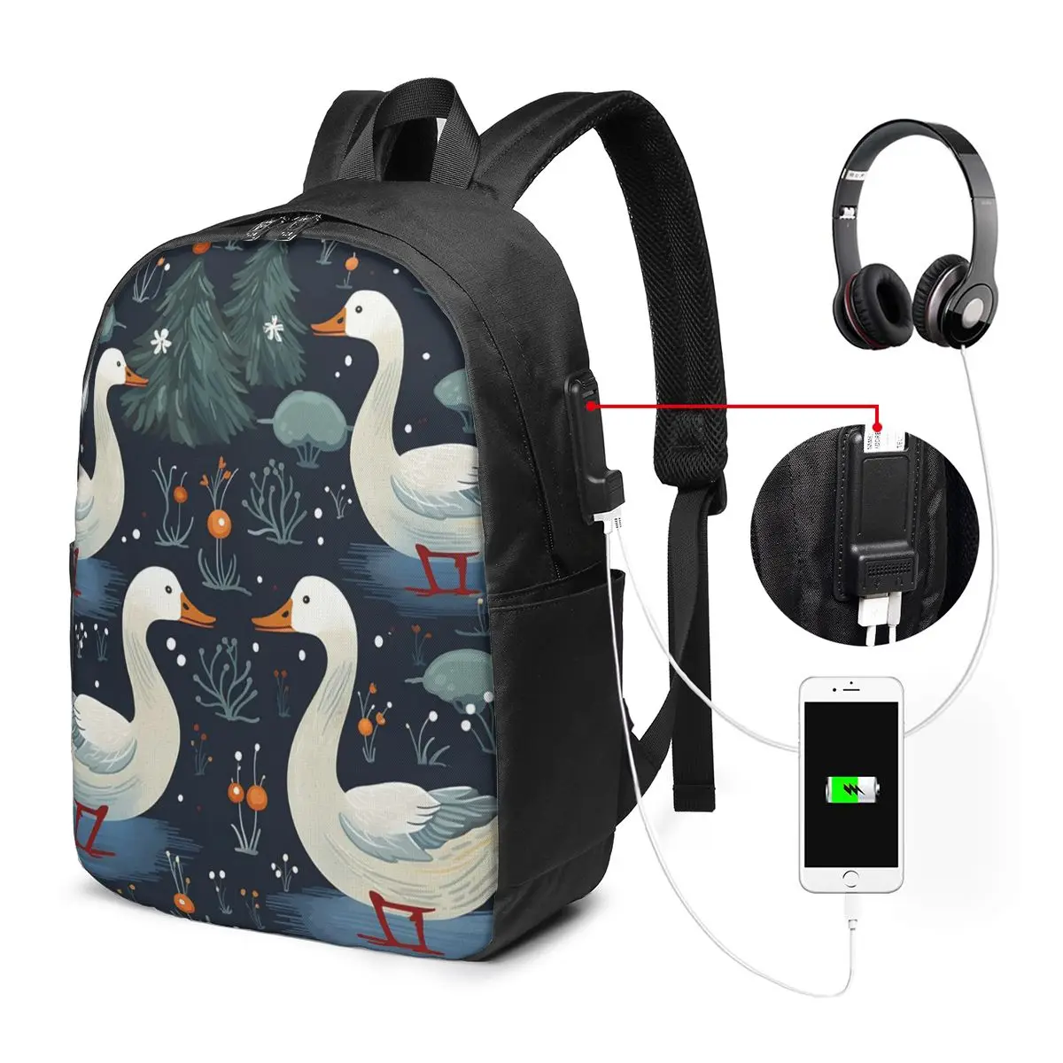 Nordic Style White Goose Pattern Backpack Travel Notebook Bag Computer College Student School Bag Laptop Shoulder Bags Men Women