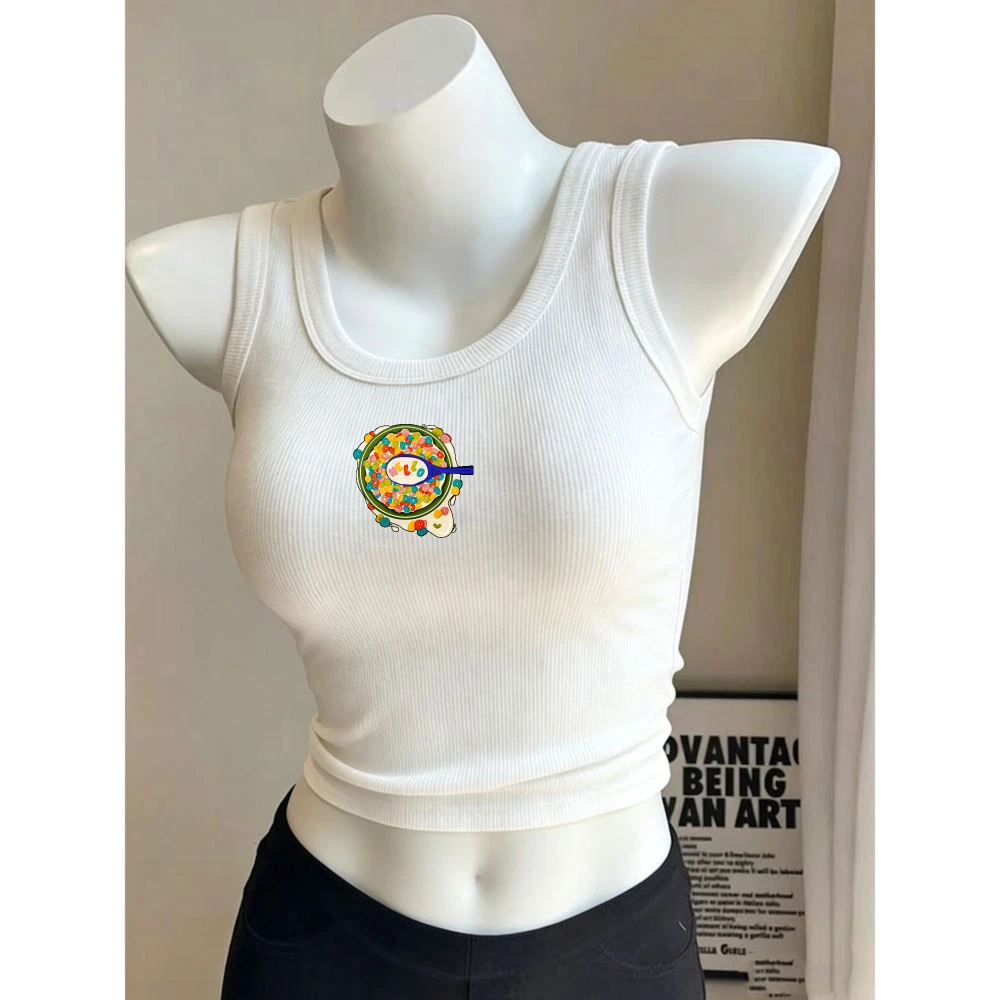 Women Y2K Colorful Cereal Spoon Graffiti Print Camisole Ribbed Tank Top Slim Fit Crop Top Sleeveless Crew Neck Cropped Cami Vest