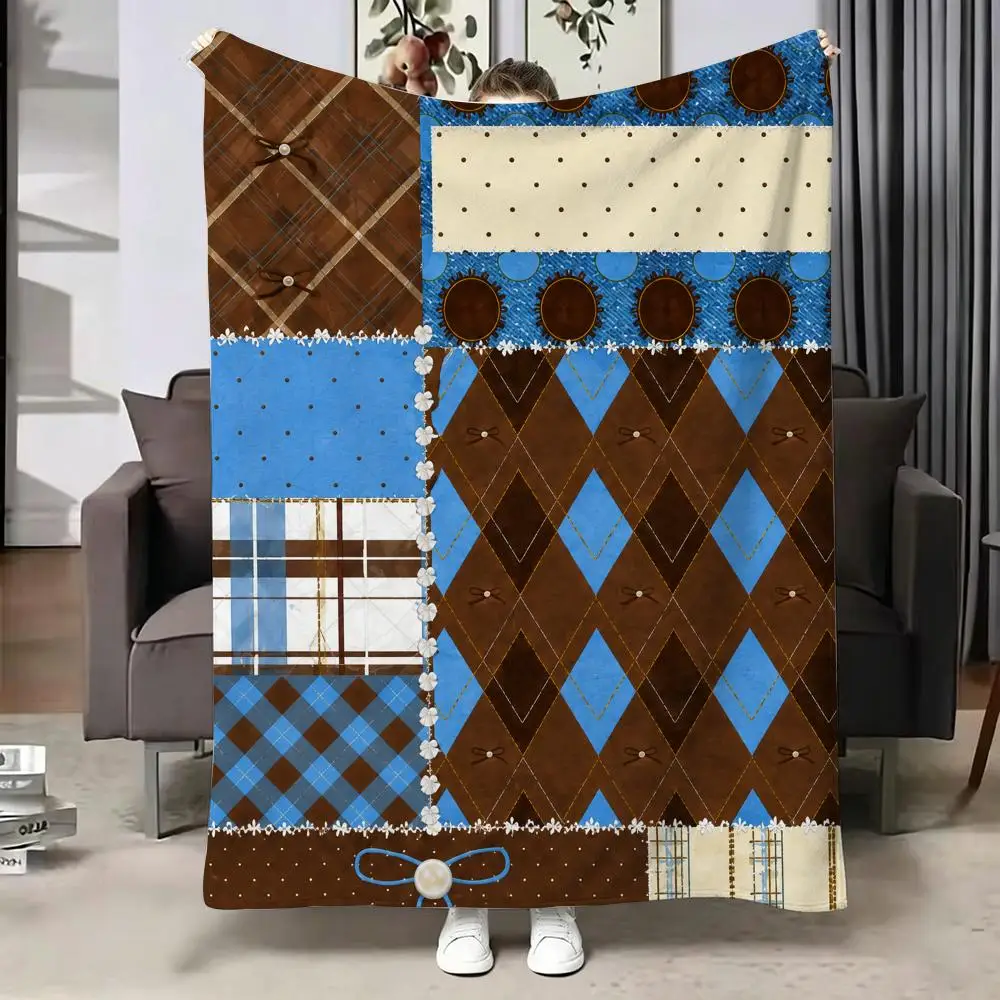 Brown Vintage Bow Patchwork Throw Soft Warm Flannel Blanket, Multi-use Throw for Bed Sofa Office, Air Conditioning Nap Blanket