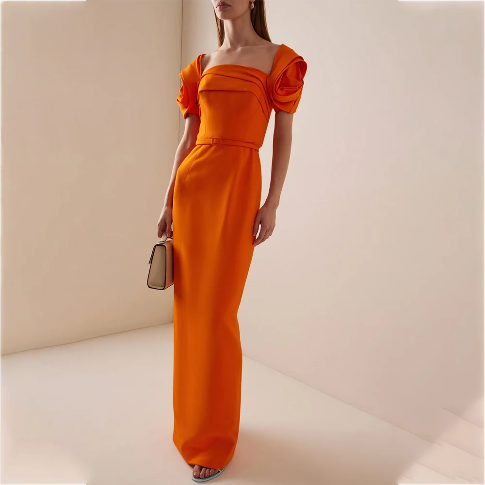 

Orange Pleat Evening Dress Square Collar Short Sleeves Chic Classic Mermaid Prom Gown Formal Occasion Cocktail Dress Customized