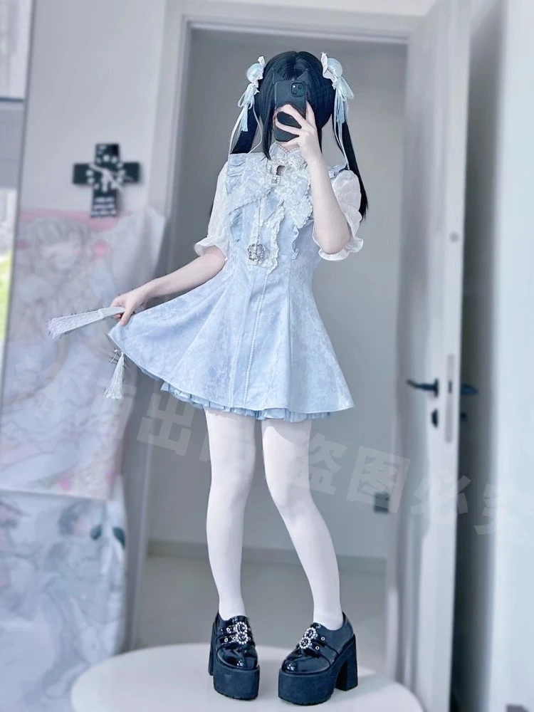 Japanese New Y2k Mine Series Summer Short-sleeved Top And Shorts Outfits Women's Chinese Style Kawaii Lace Black White Dress Set
