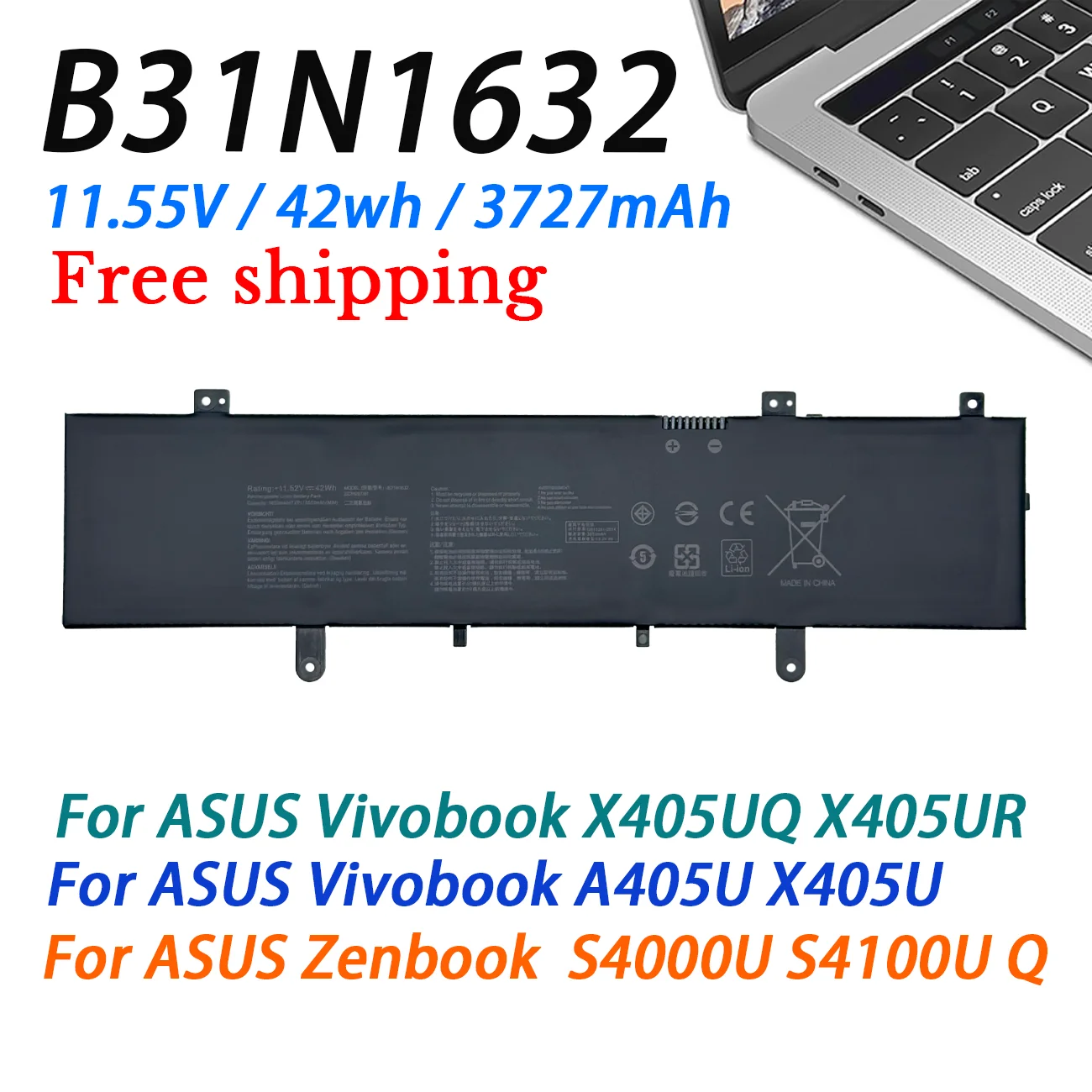 B31N1632 Laptop Battery FOR ASUS Vivobook 14 X405UA-BV505T X405UQ-3G X405UA-3B X405UR-BV027T Zenbook S4100U S4100UQ 11.52V 42WH