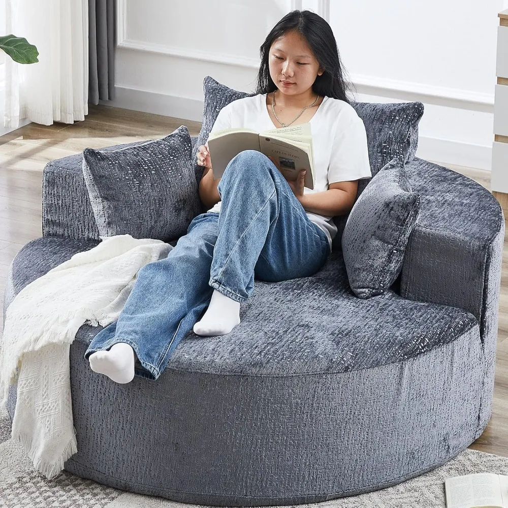 

Chenille Sponge Single Sofa,Oversized Round Chair,Fluffy Modern Sleeper Chair ,Wide Armrest Lounge Chair Armchair with Pillow