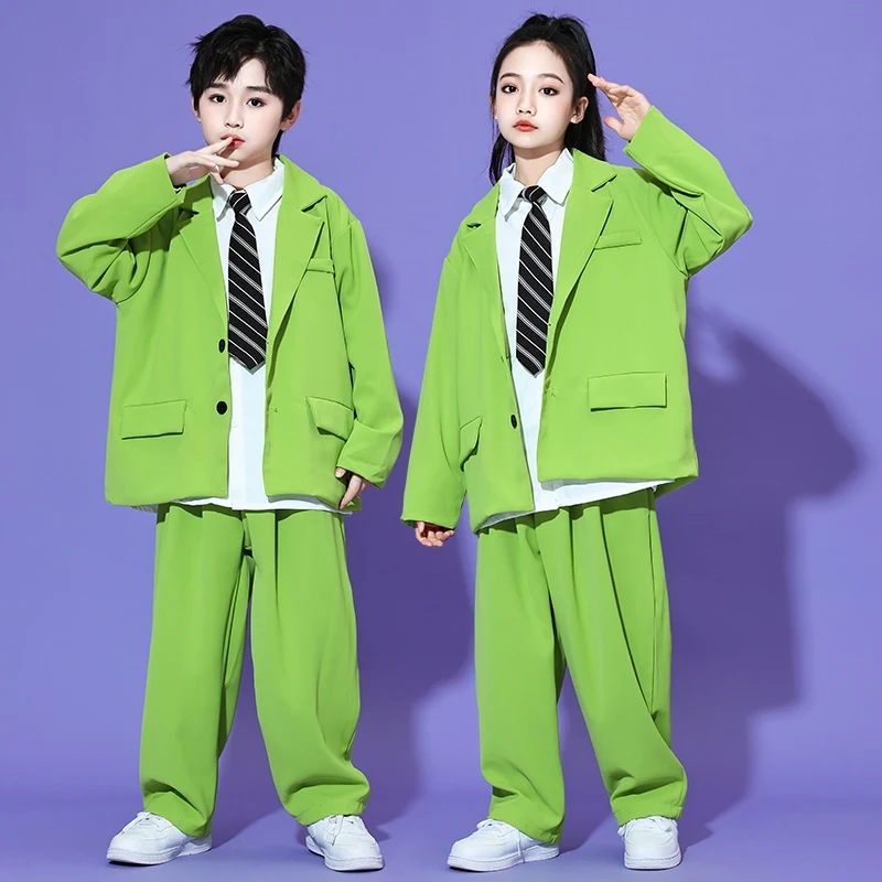 Jazzdanskostuum Kinderen Casual Pak Wit Overhemd Zwart Blauw Groen Broek Hiphop Danser Voor Jongens Meisjes Street Dance Wear 2796