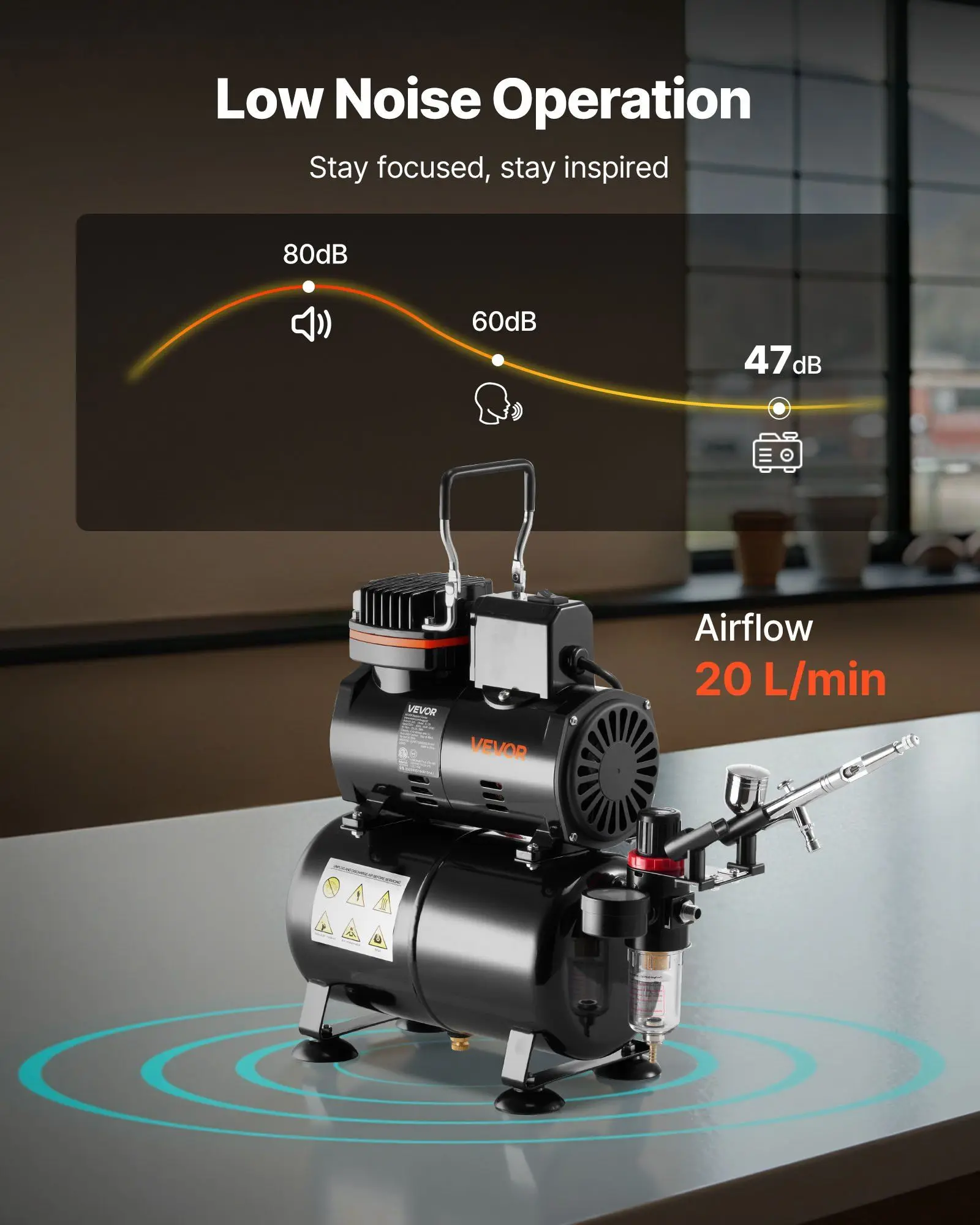 コンプレッサーとタンク付きエアブラシキット 1/6 HP 低騒音デュアルアクションエアブラシ ケーキデコレーションモデルとネイルアート用