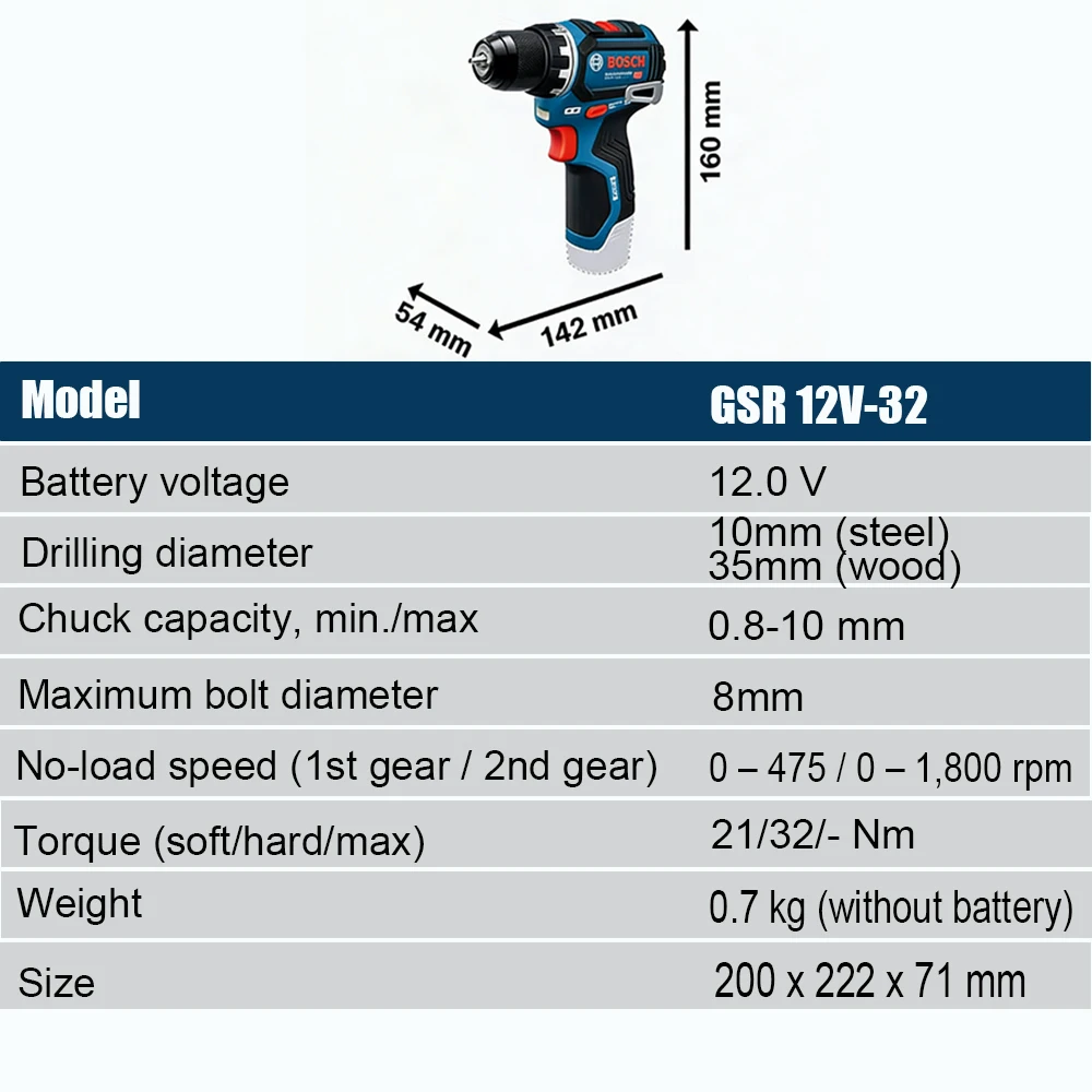 Bosch Professional GSR 12V-32 Cordless Brushless Drill 32Nm High Torque Dual Speed T-Shaped Handle Multifunctional Power Tool