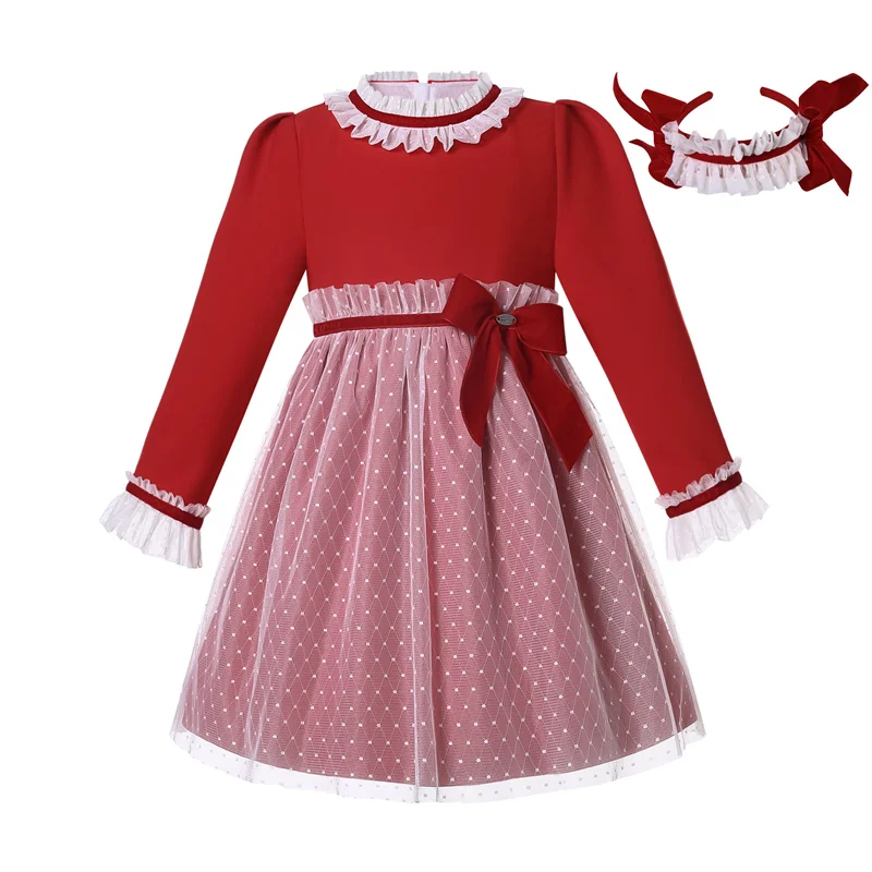 

Pettigirl Autumn Winter Red Formal Evening Party Prom Wedding Bridesmaid Polka Dots Tulle Dresses & Hairband Christmas Dress