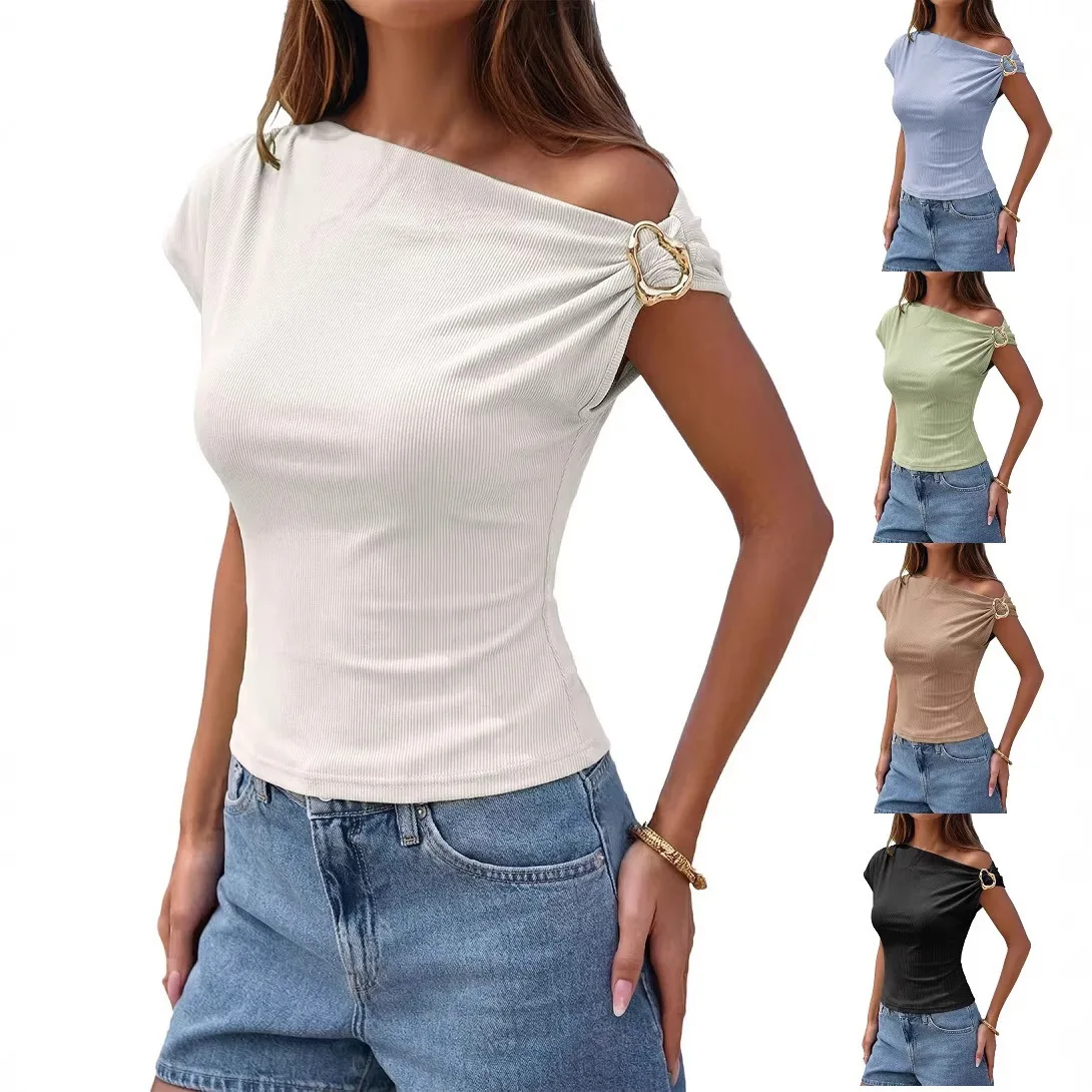 Fashionable Slim Fit Asymmetrical Shoulder Bared Metal Buckle T Shirt Women's Top Trendy Pit Stripe Cross Border 2026