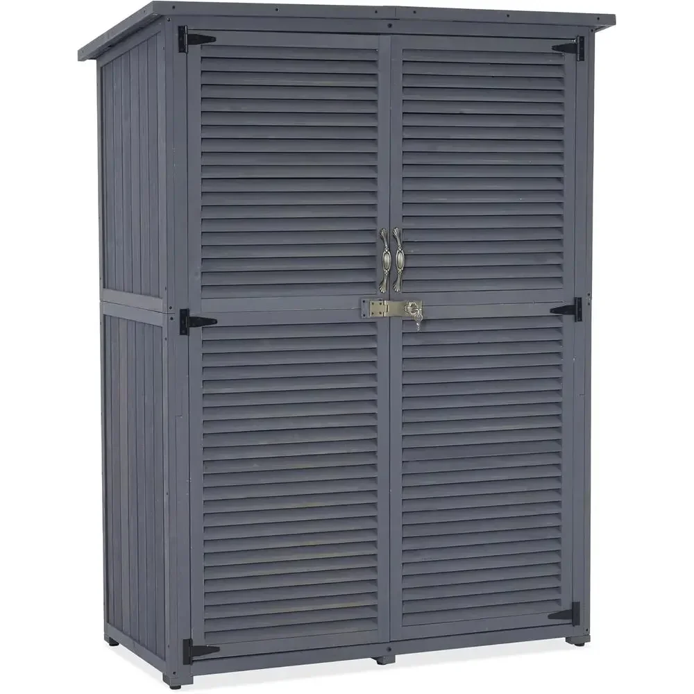 Large Grey Wooden Outdoor Storage Shed with 2 Doors for Garden Tools and Patio Yard Lawn