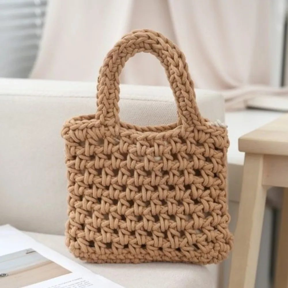 Bohemian Crochet Knitted Bag Mini Exquisite Woven Tote Handbag Open-Weave Fishnet Eco-Friendly Hollowed Out Beach Bag Travel