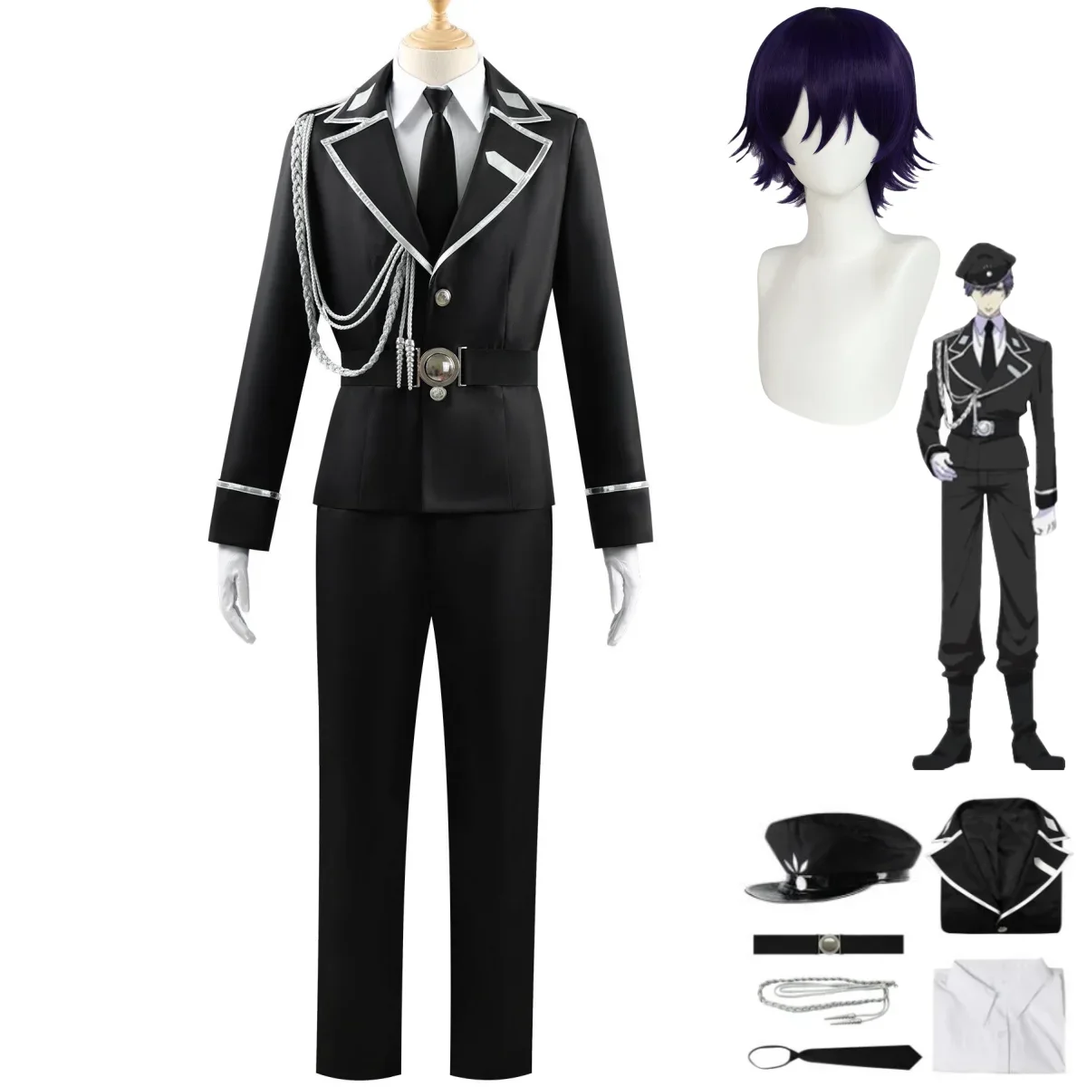 Disfraz de Cosplay de Anime para hombre, traje de Halloween, peluca, uniforme de policía negro, Watashi Wa Kanshu Senyou Pet Aki Myojin