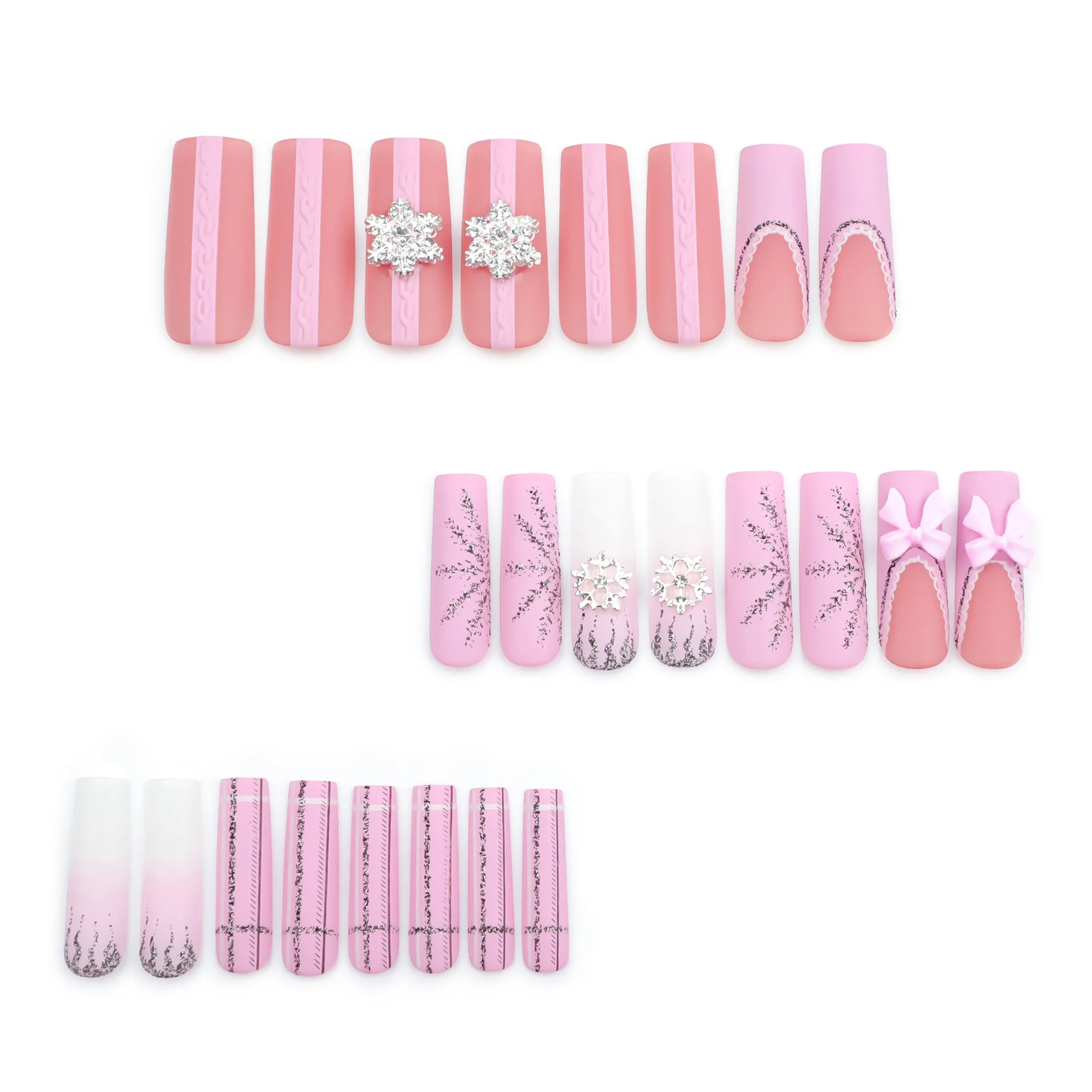 24pcs 3D Snowflake Design Long Fake Nails Matte Pink French Press on Nails for Girls Full Cover Wearable Christmas False Nails