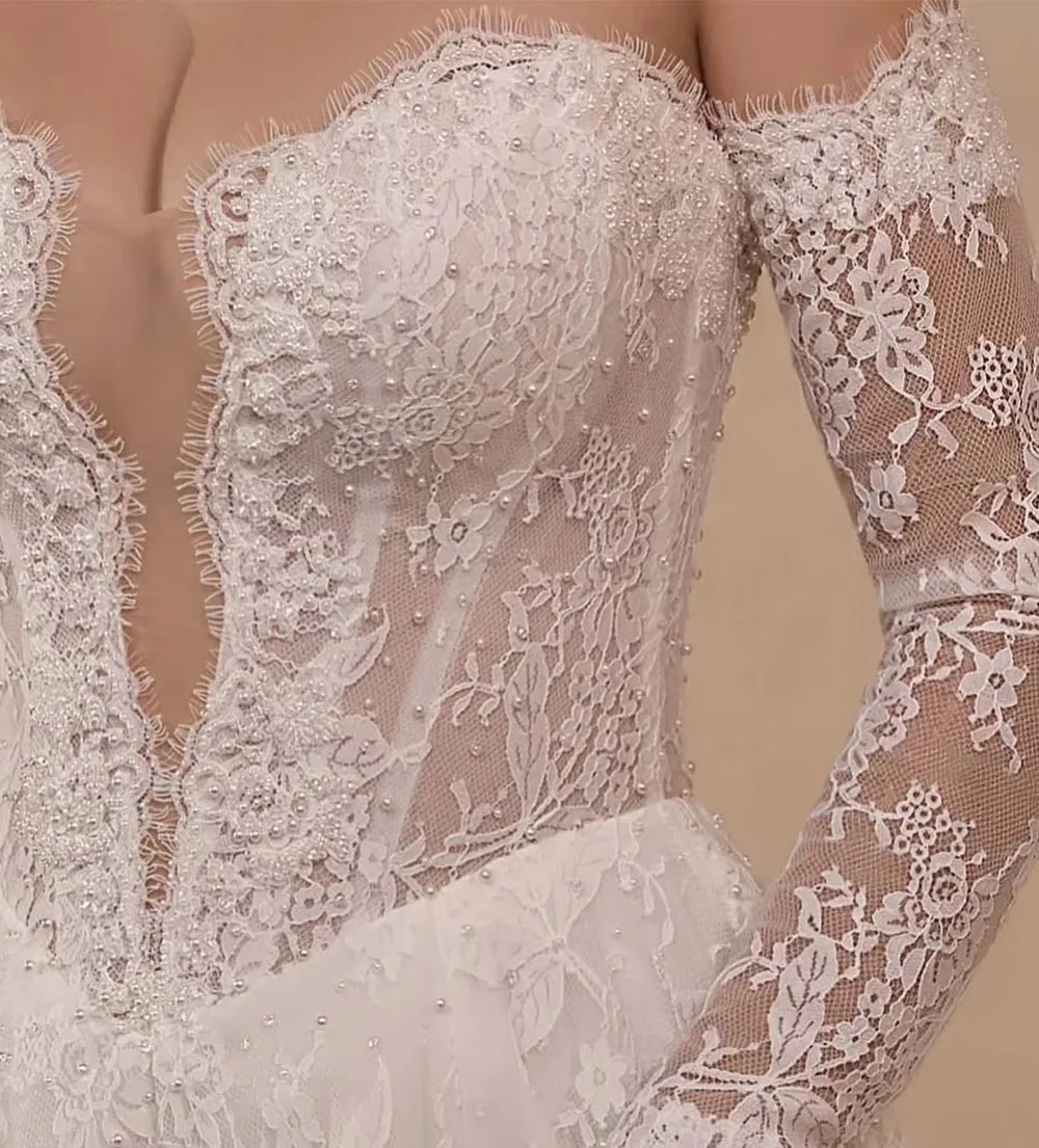 Elegant Lace Wedding Dress for Woman Sweetheart Detachable Long Sleeves Pearls Spilt Corset Bridal Party Gown Sweep Train