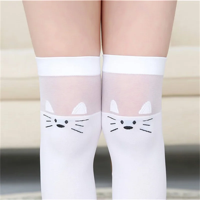 Summer Thin New Breathable Children Tube Socks Girls Over The Knee Girls Stockings Cat Half High Tube White