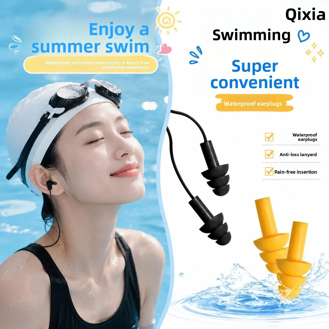 水泳用耳栓-入浴用シャンプー-防水プロ仕様-ロープ付き-紛失防止-痛くない-長時間装着可能-耳道に刺激が少ない