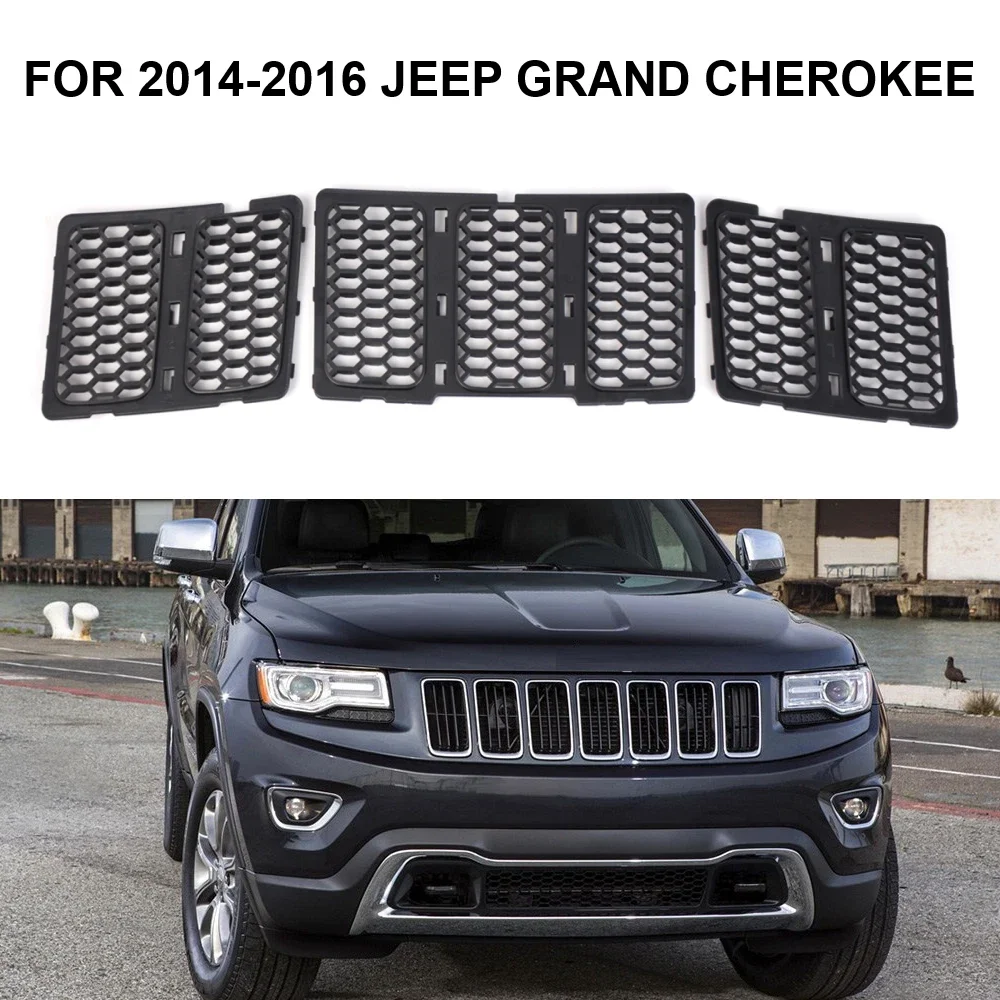 

Для Jeep Grand Cherokee 2014 2015 2016 комплект из 3 предметов, передний бампер автомобиля, решетка, крышка в жалюзи, стиль 68143073AC 68143074AD