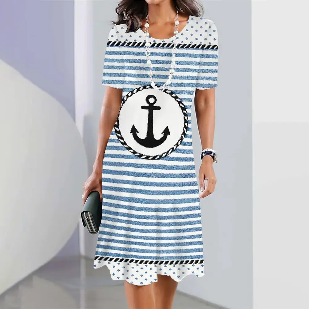 

2024 New Women's Dresses Anchor Print Female Elegant Midi Dresses Summer Short Sleeve Dress Fashion Oversized Clothing