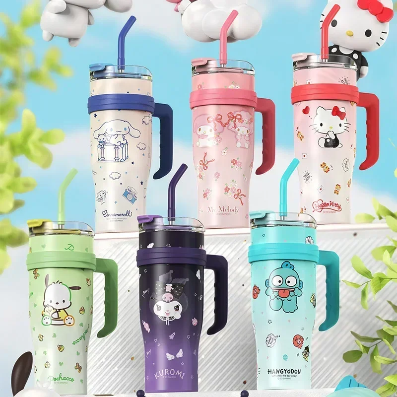 1200ml Sanrio Thermos Bottle Cold Ice Cute Hello Kitty Kuromi Cinnamoroll Melody Stainless Steel Water Bottle Tumbler Straw Gift