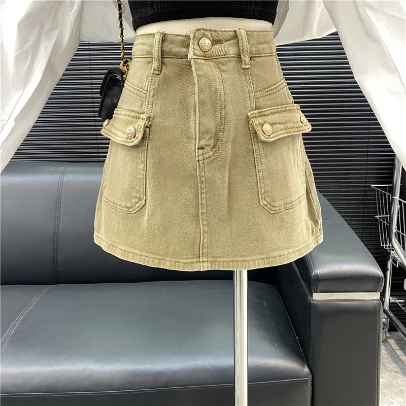 

New 2022 fashion Designer new style Famous brand Sewing pocket decorative High waist denim skirt khaki black