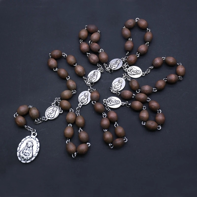Seven Bitter Necklace Pendant Wooden Beads Virgin Mary Rosary Catholic Religious Pray Jewelry Brown