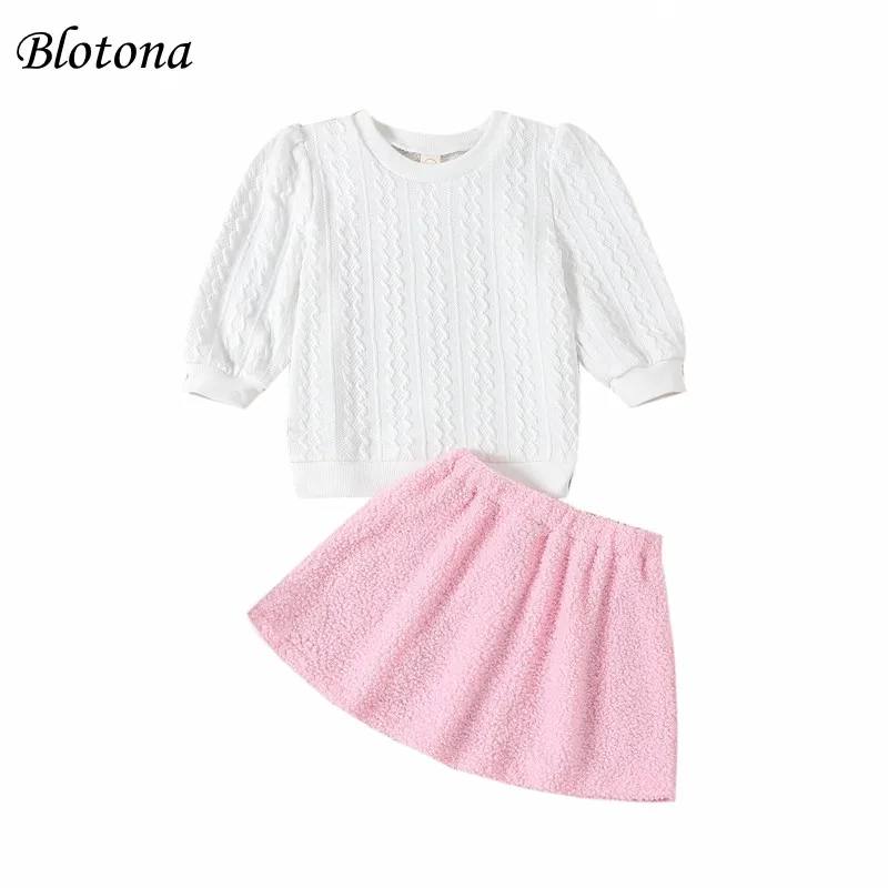 

Blotona Kids Girl Fall Outfits Solid Color Crew Neck Long Sleeve Sweatshirts Tops Elastic Waist Fleece Mini Skirts 2Pcs Set 3-8Y