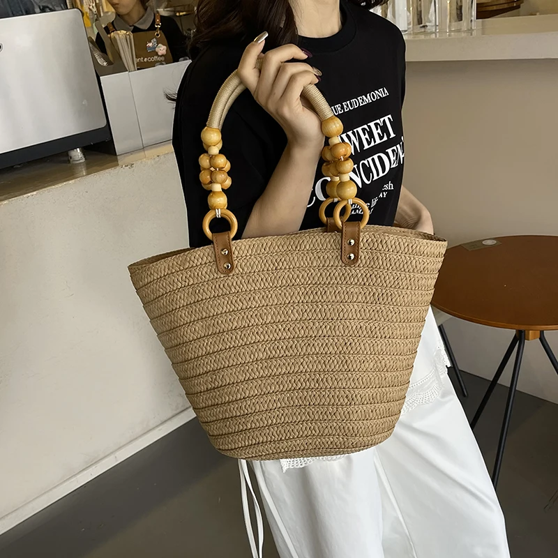 

Big Weave Tote Bags for Women 2025 Summer New Beaded Shoulder Bags Lady Handbag Females Straw Tote Beach Hand Bag