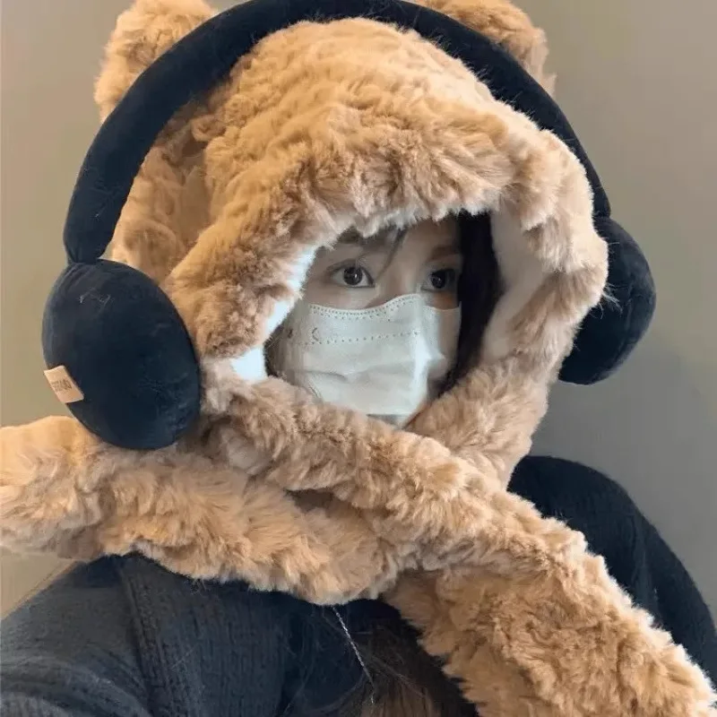دافئ فروي سماعة الدب وشاح المتكاملة قبعة المرأة الخريف الشتاء المألوف واقية الأذن قبعة الباردة والدليل على الكرة كاب #2