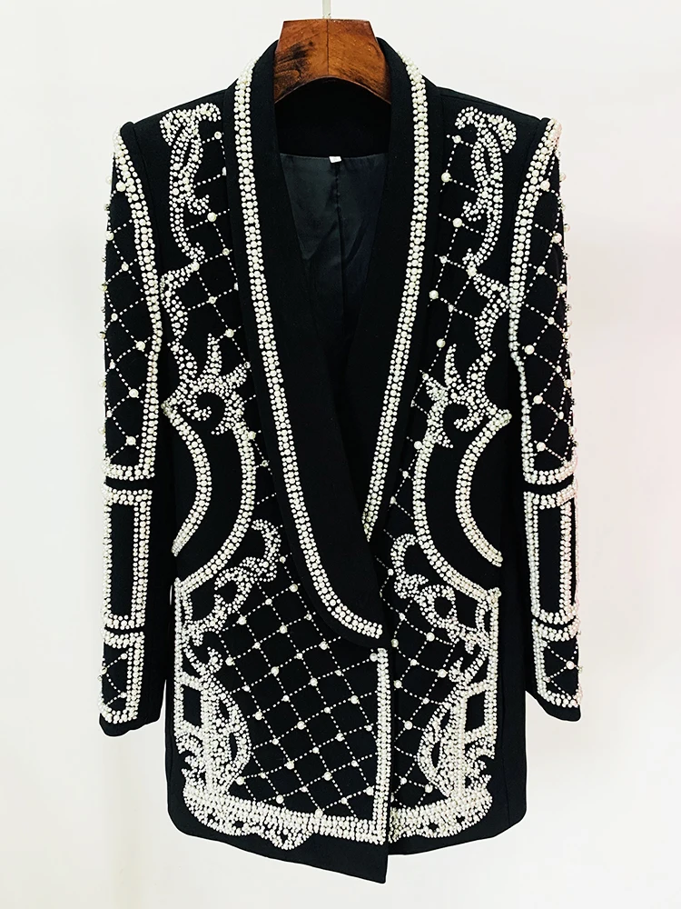 Vestido Blazer negro con cuentas de perlas y diamantes para mujer, cuello chal de diseñador de moda, impresionante, alta calidad, 2024