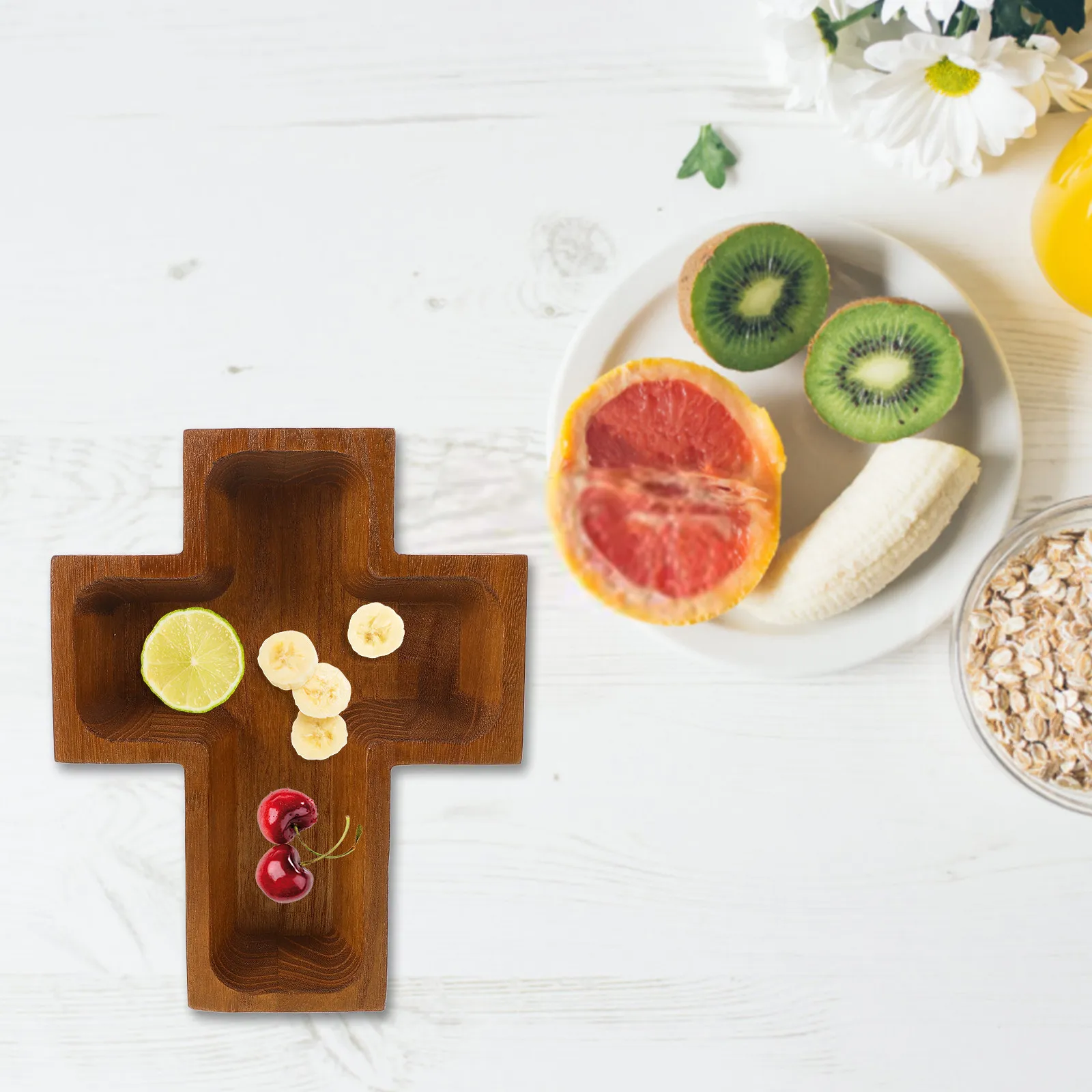 Cross Shape Wooden Fruit Tray Large Capacity Multi Function Snack Serving Platter for Kitchen Dining Cross Bowl