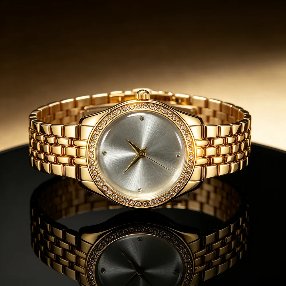 1Pc Fashionable and Elegant Round Alloy Dial Quartz Ladies Watch Suitable for Various Occasions, an Ideal Gift for Mom or Girlfriend.