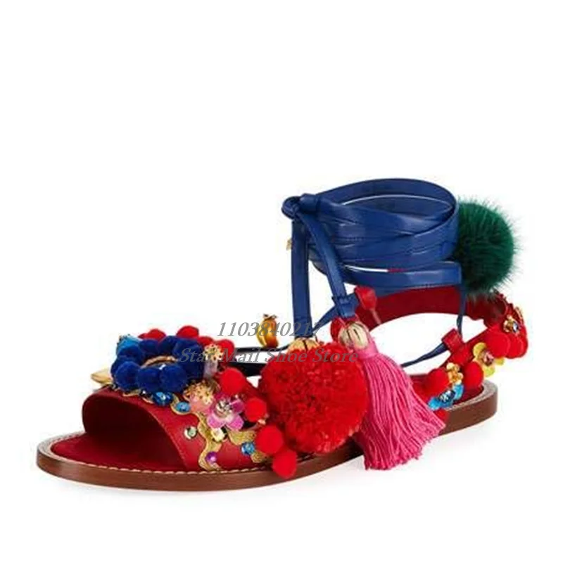 Newest Pompom Flower Embellished Strappy Lace-Up Sandals Round Toe Peep Toe Painted Wooden Heel Flat Sandals Ethnic Style Sandal