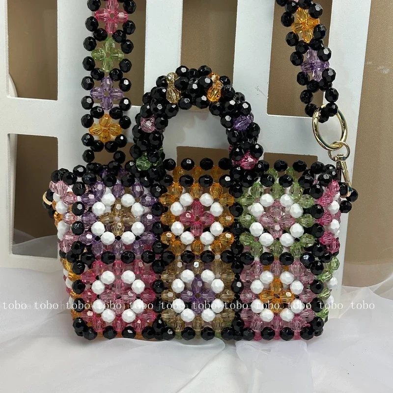 Summer Retro Transparent Acrylic Totes for Women Patchwork Beaded Woven Trendy Casual Crossbody Bags with Wide Bead Strap