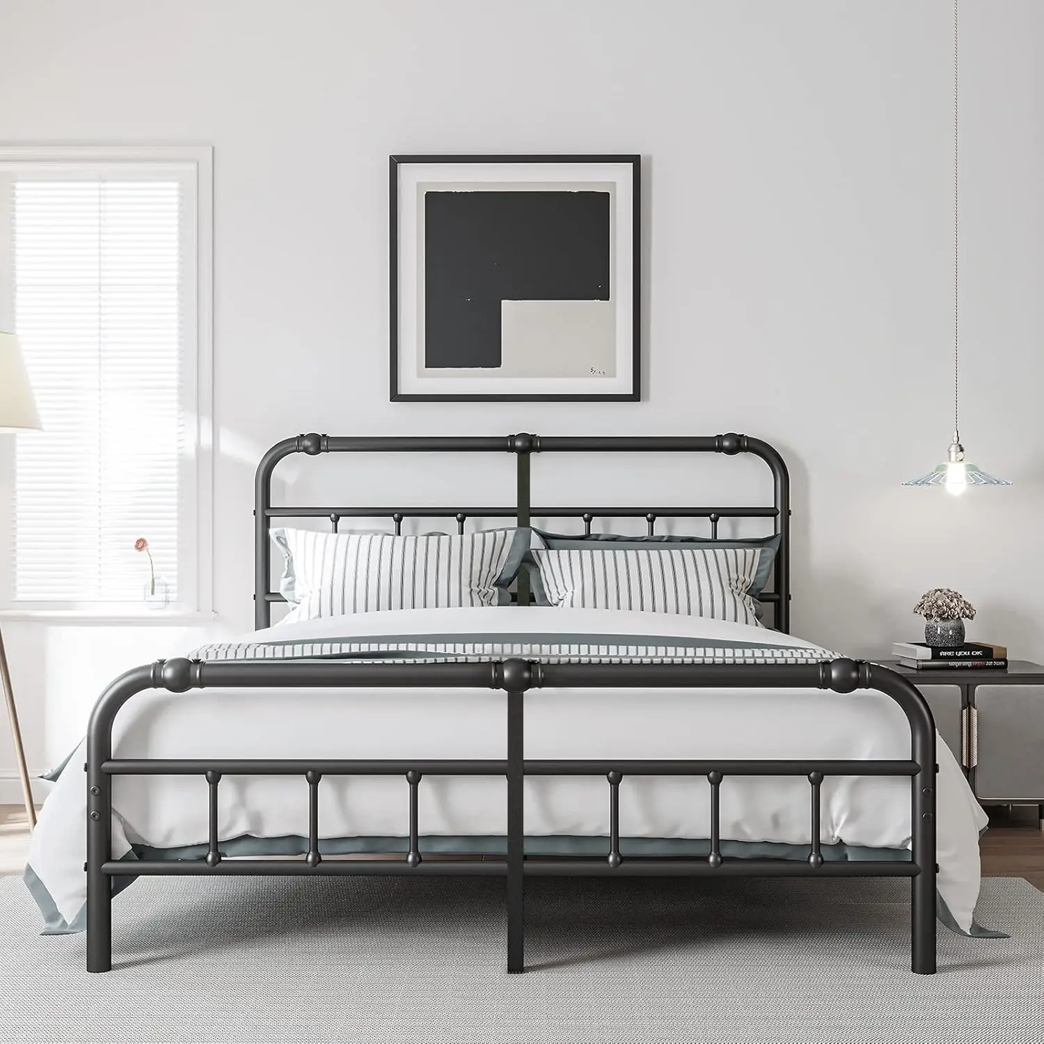 King Size Bed Frame With Headboard And Footboard, 18 Inches High, 3500 Pounds Heavy Duty Metal Slats Support For Mattress, No