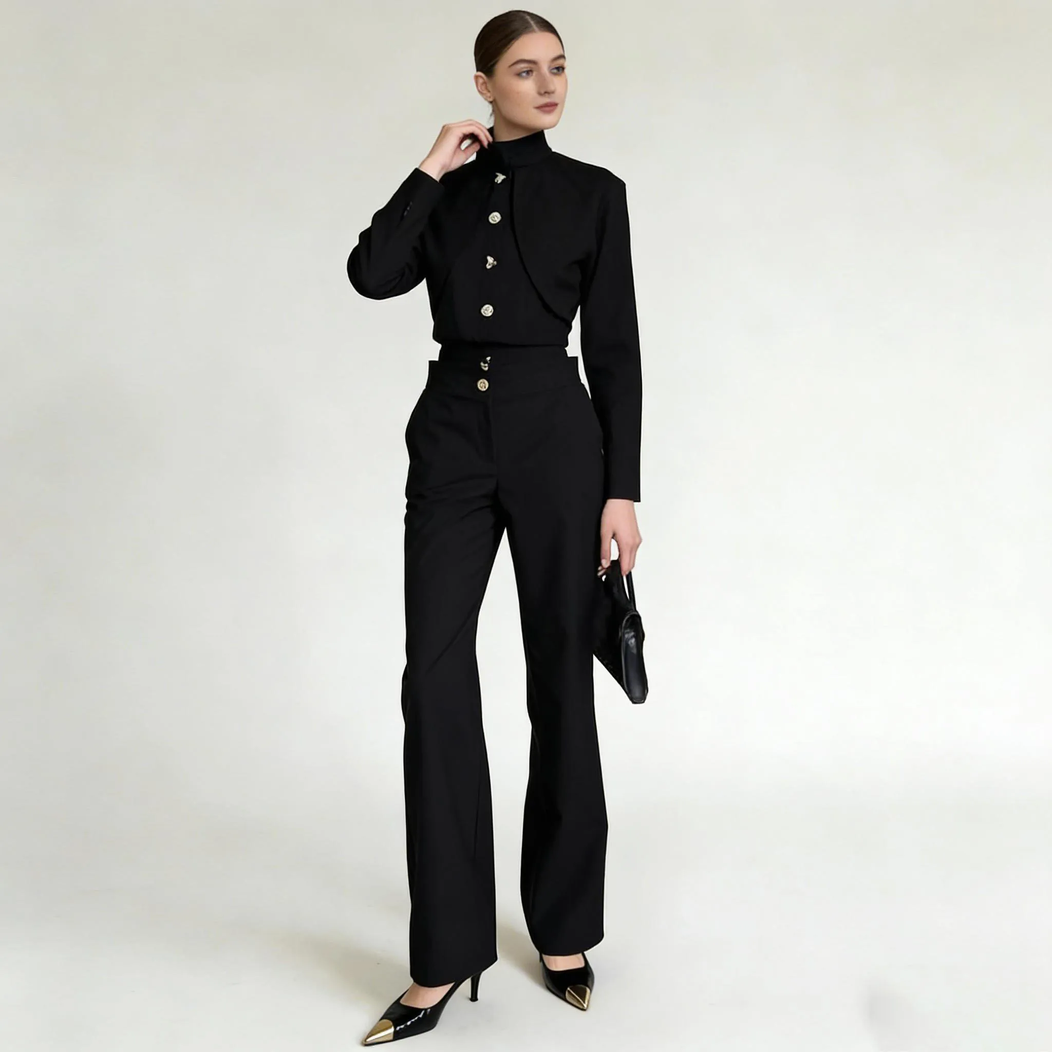

LIMO Cropped Button-Front Stand-Collar Top + High-Waist Wide-Leg Pants, Elegant 2-Piece Outfit For Office & Formal Occasions
