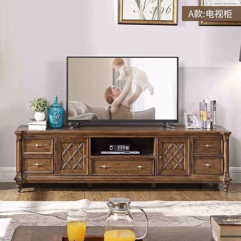 Living room retro double door with drawers audio-visual cabinet storage floor cabinet solid wood