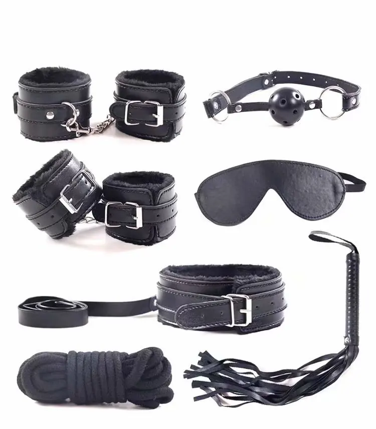 7pcs/Sexy Leather Nylon BDSM Kits Plush Sex Bondage Gear Handcuff Sex Game Whip Gag Adult Exotic Accessories Sex Toy for Couples