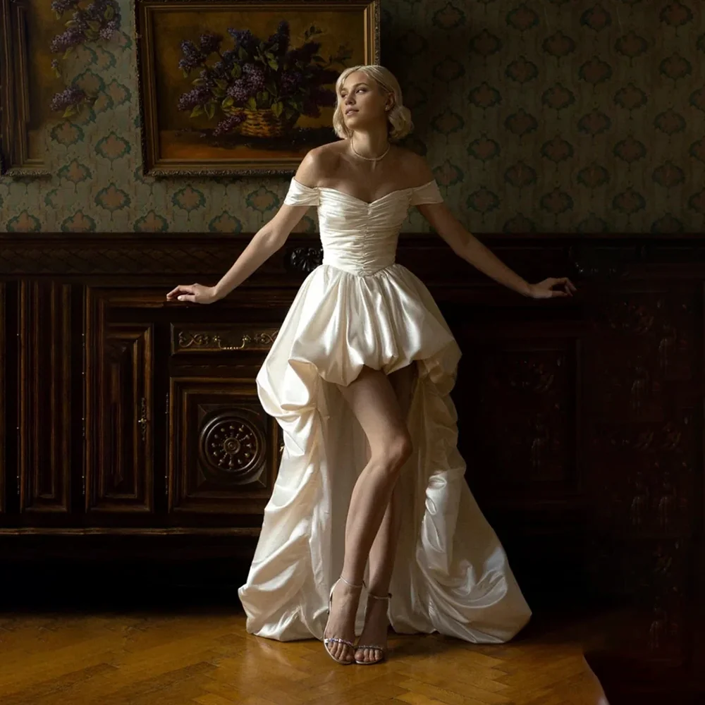 Satin Off Shoulder Hi-Lo Bridal Gown Ruched Bodice Lace Up Back Short Front Long Train Wedding Reception Photoshoot Bride Dress