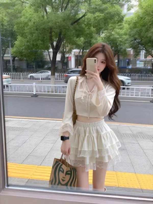

Летняя корейская плиссированная юбка-трапеция с оборками в стиле балета, укороченная, с высокой талией, кружевная, для повседневной носки, стройнящая фигуру