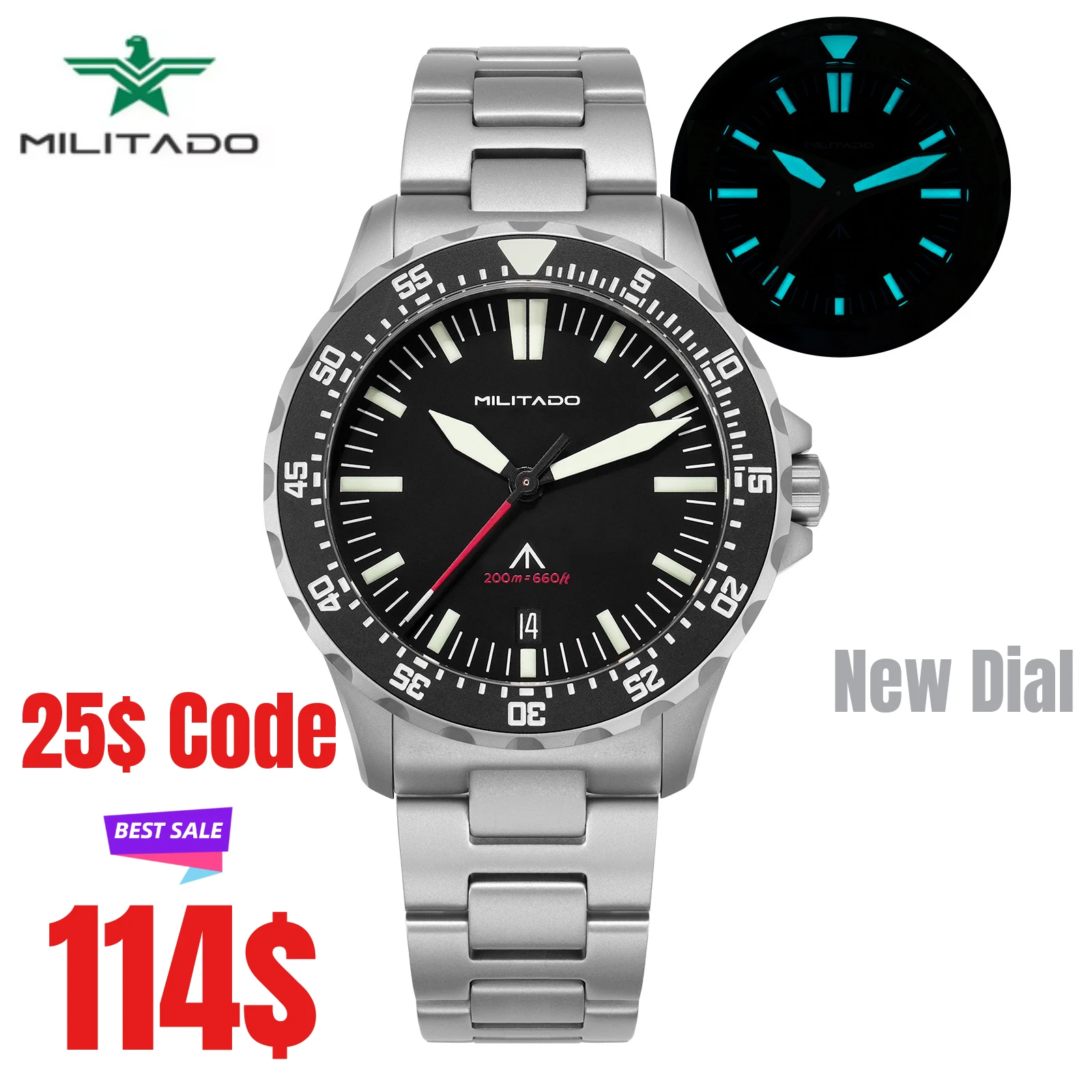 Militado ML16 Quartz Watch VH31 Sweep Movement Sapphire Super Luminova Watches Stainless Steel 200m Waterproof Wristwatch
